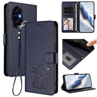 For Honor 200 Embossed Heart Cat Leather Phone Case with Hand Strap(Blue)