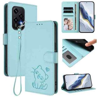 For Honor 200 Lite Global Embossed Heart Cat Leather Phone Case with Hand Strap(Mint Green)