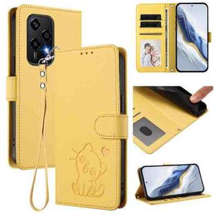 For Honor 200 Lite Global Embossed Heart Cat Leather Phone Case with Hand Strap(Yellow)