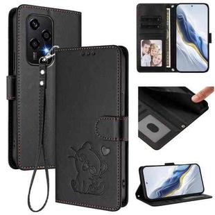 For Honor 200 Lite Global Embossed Heart Cat Leather Phone Case with Hand Strap(Black)
