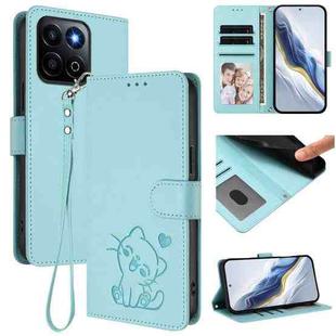 For Honor 200 Smart / Play 9T 5G / X7C 4G Embossed Heart Cat Leather Phone Case with Hand Strap(Mint Green)