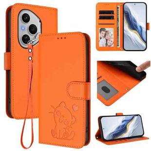 For Honor 400 Pro Global 160.8mm Embossed Heart Cat Leather Phone Case with Hand Strap(Orange)