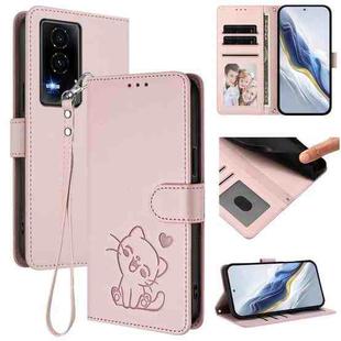 For Honor GT Embossed Heart Cat Leather Phone Case with Hand Strap(Pink)