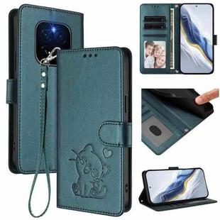 For Honor GT Pro Embossed Heart Cat Leather Phone Case with Hand Strap(Dark Green)