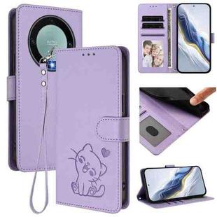 For Honor Magic5 Lite / X9a / X40 Embossed Heart Cat Leather Phone Case with Hand Strap(Light Purple)