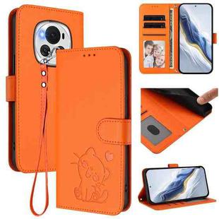 For Honor Magic6 Embossed Heart Cat Leather Phone Case with Hand Strap(Orange)