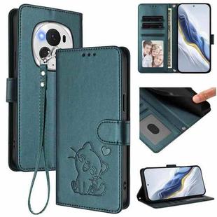 For Honor Magic6 Pro Embossed Heart Cat Leather Phone Case with Hand Strap(Dark Green)