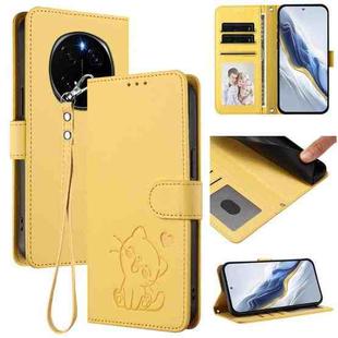 For Honor Magic7 Embossed Heart Cat Leather Phone Case with Hand Strap(Yellow)