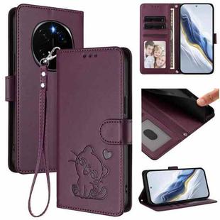 For Honor Magic7 Embossed Heart Cat Leather Phone Case with Hand Strap(Dark Purple)