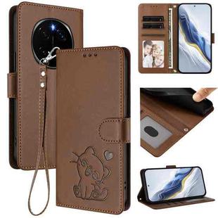 For Honor Magic7 Embossed Heart Cat Leather Phone Case with Hand Strap(Brown)