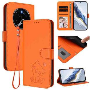 For Honor Magic7 Pro Embossed Heart Cat Leather Phone Case with Hand Strap(Orange)