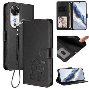 For Honor Play 60 Embossed Heart Cat Leather Phone Case with Hand Strap(Black)
