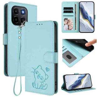 For Honor X6c 4G / X5b / X5b Plus Embossed Heart Cat Leather Phone Case with Hand Strap(Mint Green)