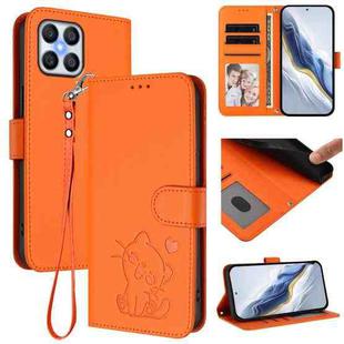 For Honor X8 4G / X30i / Play6T Pro Embossed Heart Cat Leather Phone Case with Hand Strap(Orange)
