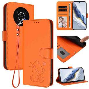For Honor X9 5G / X9 4G Embossed Heart Cat Leather Phone Case with Hand Strap(Orange)