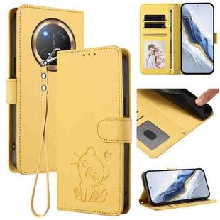 For Honor X9c / X60 Pro / Magic7 Lite Embossed Heart Cat Leather Phone Case with Hand Strap(Yellow)