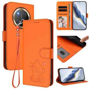 For Honor X9c / X60 Pro / Magic7 Lite Embossed Heart Cat Leather Phone Case with Hand Strap(Orange)