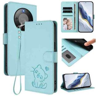 For Honor X70 5G Embossed Heart Cat Leather Phone Case with Hand Strap(Mint Green)