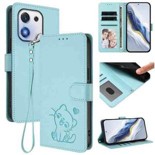For Honor X70i Embossed Heart Cat Leather Phone Case with Hand Strap(Mint Green)