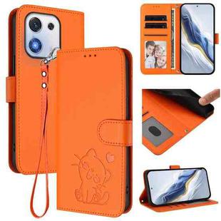 For Honor X70i Embossed Heart Cat Leather Phone Case with Hand Strap(Orange)
