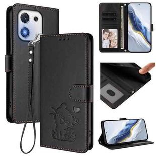 For Honor X70i Embossed Heart Cat Leather Phone Case with Hand Strap(Black)
