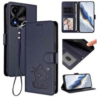 For Honor X5c Plus Embossed Heart Cat Leather Phone Case with Hand Strap(Blue)