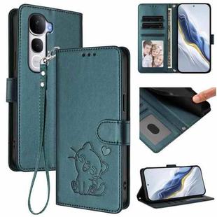For vivo Y400 Pro 5G Embossed Heart Cat Leather Phone Case with Strap(Dark Green)