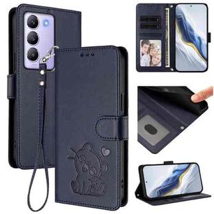 For vivo Y100 4G IDN / V30 Lite 4G / V30 SE Embossed Heart Cat Leather Phone Case with Strap(Blue)
