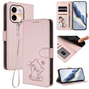 For vivo Y28 4G Global Embossed Heart Cat Leather Phone Case with Strap(Pink)