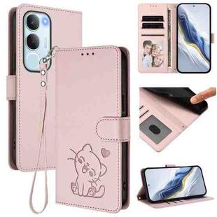 For vivo Y19s / vivo Y29 5G Embossed Heart Cat Leather Phone Case with Strap(Pink)