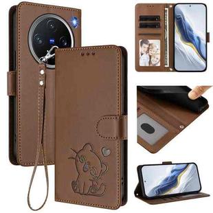 For vivo X200 Pro mini Embossed Heart Cat Leather Phone Case with Hand Strap(Brown)