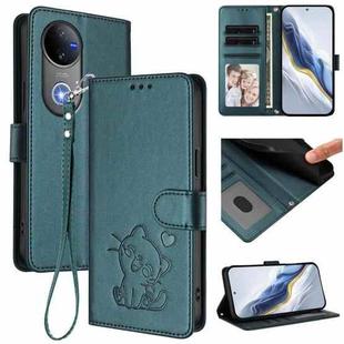 For vivo V50 / vivo V50e Embossed Heart Cat Leather Phone Case with Strap(Dark Green)