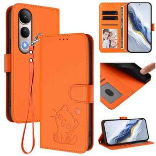 For vivo V50 Lite 4G / V50 Lite 5G Embossed Heart Cat Leather Phone Case with Strap(Orange)