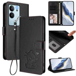 For vivo V29e / V30 Lite 5G / Y200 5G Global Embossed Heart Cat Leather Phone Case with Strap(Black)