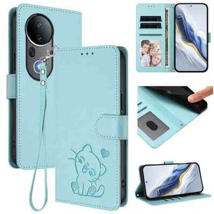 For vivo S20 Pro Embossed Heart Cat Leather Phone Case with Strap(Mint Green)