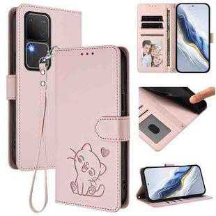 For vivo S18 / S18 Pro / V30 / V30 Pro Embossed Heart Cat Leather Phone Case with Strap(Pink)