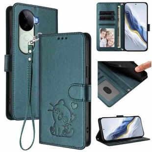For vivo iQOO Z9s / vivo V40e Embossed Heart Cat Leather Phone Case with Strap(Dark Green)