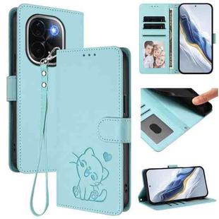 For vivo iQOO Z9s Pro / vivo T3 Pro 5G Embossed Heart Cat Leather Phone Case with Strap(Mint Green)