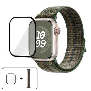 For Apple Watch Series 10 42mm Nylon Loop Watch Band with 3D Curved Film(Dark Green Orange)