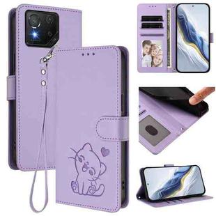 For ASUS ROG Phone 8 / 8 Pro Embossed Heart Cat Leather Phone Case with Hand Strap(Light Purple)