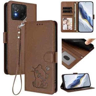 For ASUS ROG Phone 8 / 8 Pro Embossed Heart Cat Leather Phone Case with Hand Strap(Brown)