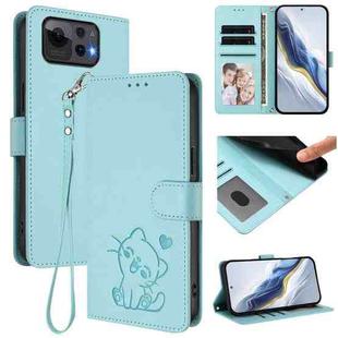 For ASUS Zenfone 12 Ultra Embossed Heart Cat Leather Phone Case with Hand Strap(Mint Green)