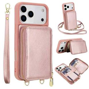 For iPhone 17 Pro Max Crossbody Zipper RFID Card Bag Phone Case(Rose Gold)