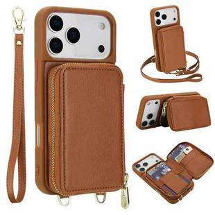 For iPhone 17 Pro Max Crossbody Zipper RFID Card Bag Phone Case(Brown)