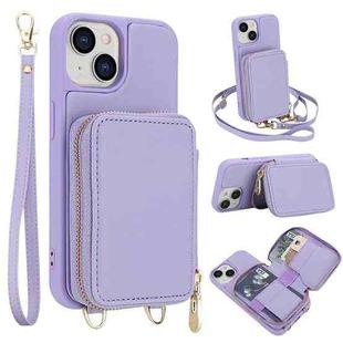 For iPhone 15 Crossbody Zipper RFID Card Bag Phone Case(Light Purple)