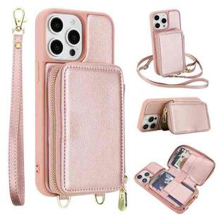 For iPhone 14 Pro Max Crossbody Zipper RFID Card Bag Phone Case(Rose Gold)