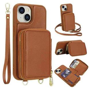 For iPhone 14 / 13 Crossbody Zipper RFID Card Bag Phone Case(Brown)
