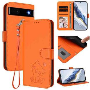For Google Pixel 6a Embossed Heart Cat Leather Phone Case with Hand Strap(Orange)