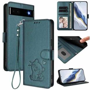 For Google Pixel 6a Embossed Heart Cat Leather Phone Case with Hand Strap(Dark Green)