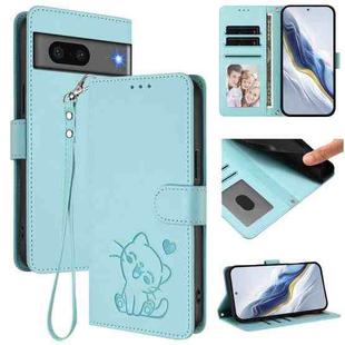 For Google Pixel 7 Embossed Heart Cat Leather Phone Case with Hand Strap(Mint Green)